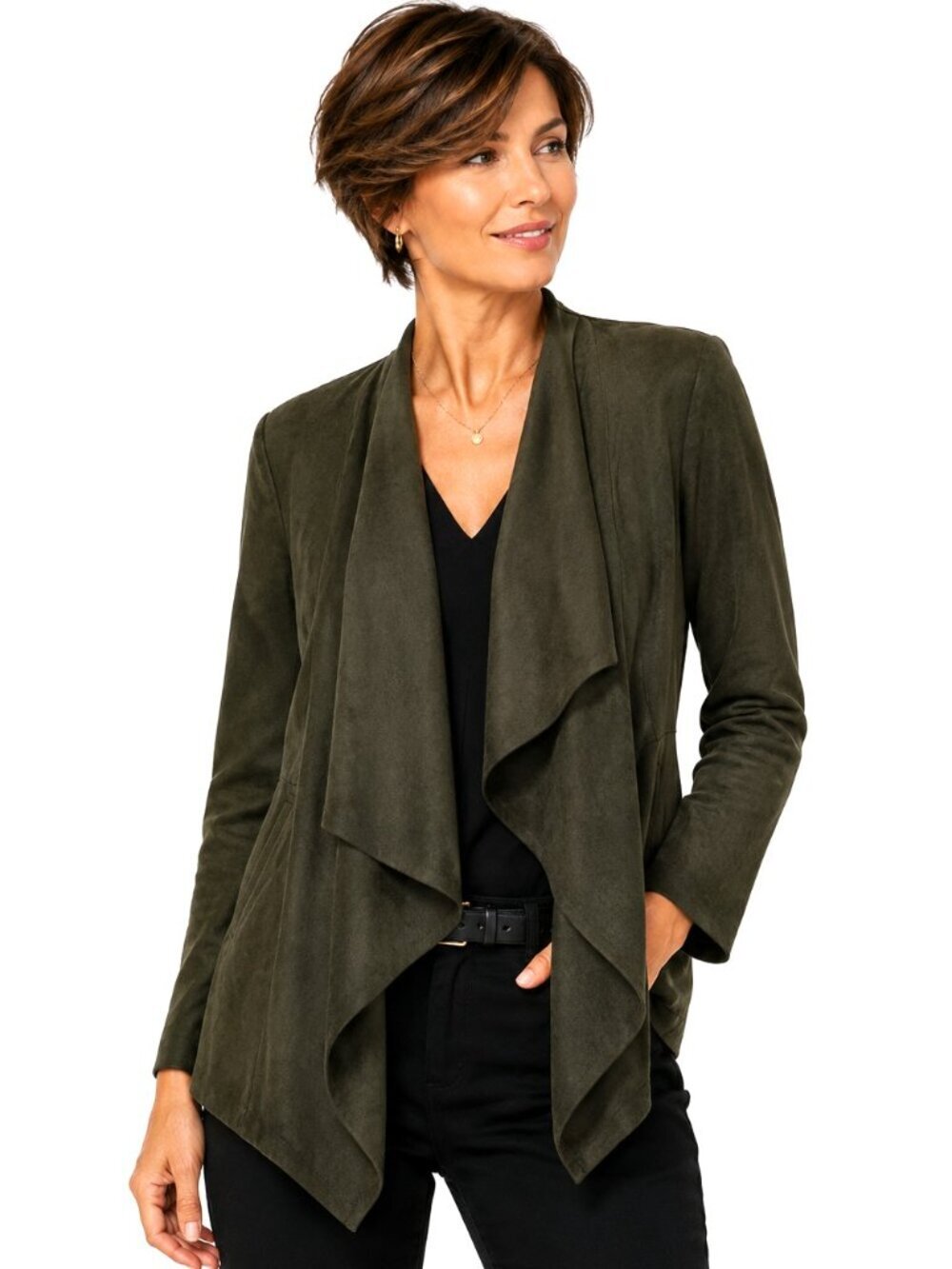Neiman Marcus Olive Green Faux Suede Waterfall Drape Jacket